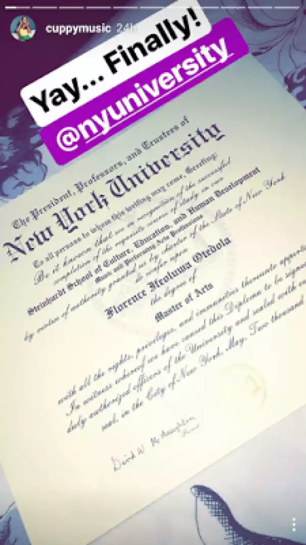 DJ Cuppy Receiving Master Of Arts Certificate From New York University After One Year Of Graduating (Photos)